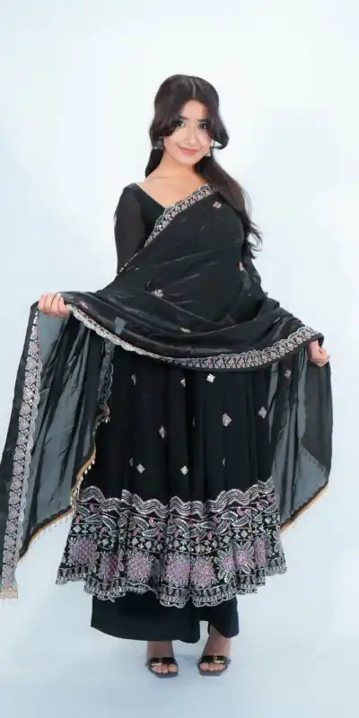 KD 1619 Black Color Fendy Silk Anarkali Suit with Thread Embroidery. Grab it for ₹2499. Delivery 4-6 Working Days. Shop now. | Anarkali Suits, Bollywood Anarkali, Creative-Anarkali, Designer Anarkali, Embroidered Anarkali, Party Wear Anarkali