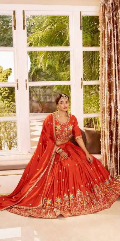 Ram 178 Orange Color Pure Crap Silk Lehenga Choli with Embroidery Work. Best Price ₹2549. Delivery 4-6 Working Days. Shop now. | Lehenga, Bollywood Lehenga, Creative Lehenga, Designer Lehenga, Embroidered Lehenga, Party Wear Lehenga