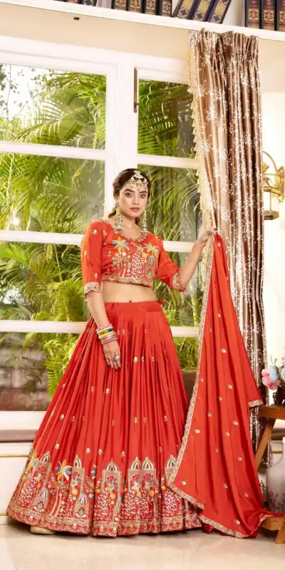 Ram 178 Orange Color Pure Crap Silk Lehenga Choli with Embroidery Work. Best Price ₹2549. Delivery 4-6 Working Days. Shop now. | Lehenga, Bollywood Lehenga, Creative Lehenga, Designer Lehenga, Embroidered Lehenga, Party Wear Lehenga