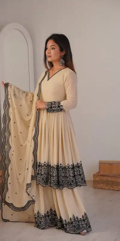 SP 71 Chiku Faux Georgette Salwar Suit with Embroidery Work. Available at ₹2499 only. Delivery 4-6 Working Days. Shop now. | Jump Suits, Salwar suit, Casual Suits, Creative suits, Designer Suits, Palazzo Suits, Party Wear Suits, Patiala Suits, Straight Suits
