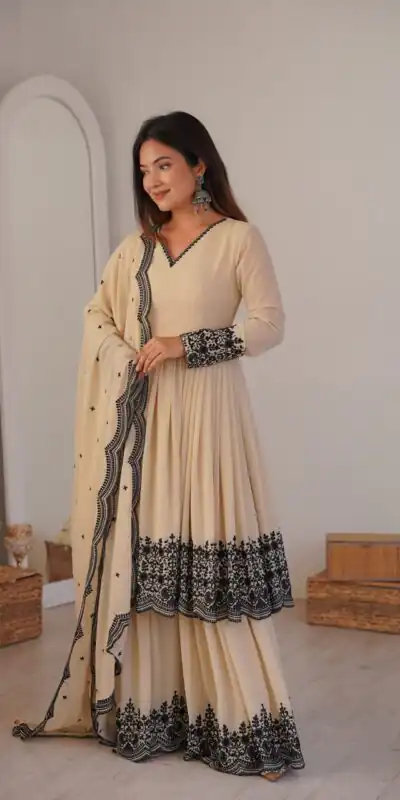 SP 71 Chiku Faux Georgette Salwar Suit with Embroidery Work. Available at ₹2499 only. Delivery 4-6 Working Days. Shop now. | Jump Suits, Salwar suit, Casual Suits, Creative suits, Designer Suits, Palazzo Suits, Party Wear Suits, Patiala Suits, Straight Suits