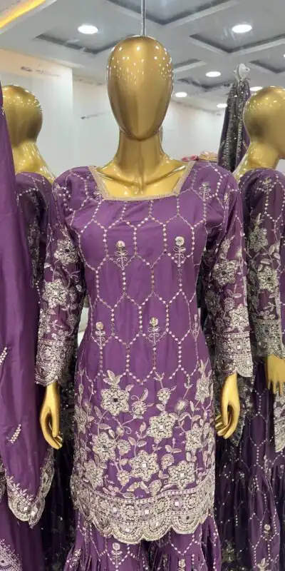 Violet Chinnon Silk Embroidery Work Sharara Suit | Salwar suit, Casual Suits, Creative suits, Designer Suits, Palazzo Suits, Party Wear Suits, Straight Suits