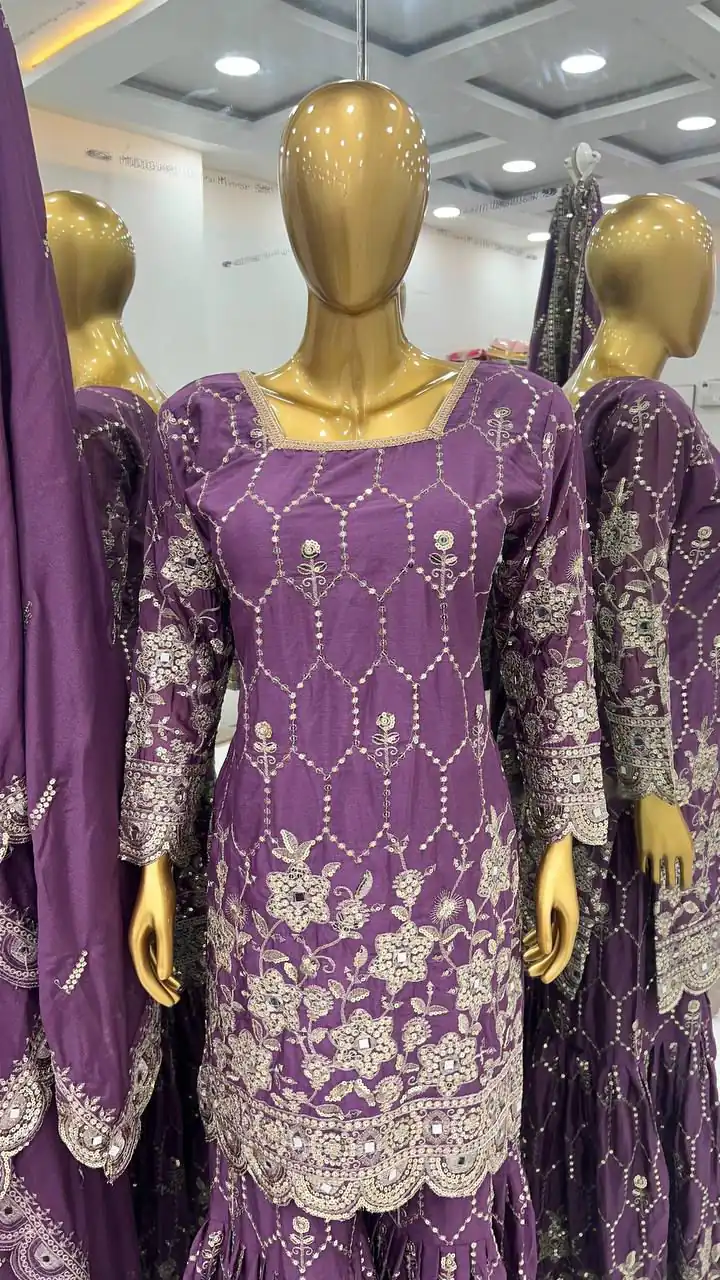 Violet Chinnon Silk Embroidery Work Sharara Suit | Salwar suit, Casual Suits, Creative suits, Designer Suits, Palazzo Suits, Party Wear Suits, Straight Suits