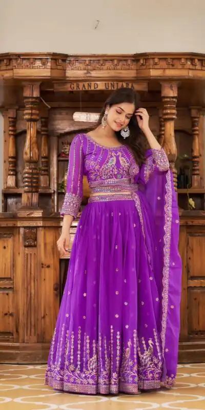Violet Georgette Multi Sequence Work Lehenga Choli | Lehenga, Bollywood Lehenga, Creative Lehenga, Designer Lehenga, Embroidered Lehenga, Party Wear Lehenga