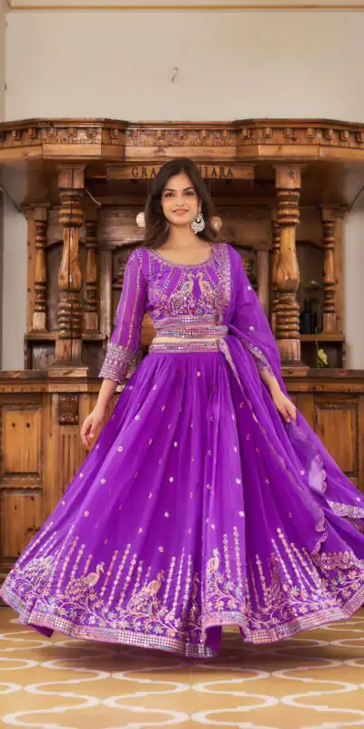 Violet Georgette Multi Sequence Work Lehenga Choli | Lehenga, Bollywood Lehenga, Creative Lehenga, Designer Lehenga, Embroidered Lehenga, Party Wear Lehenga