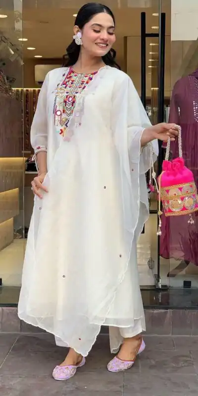 White Chanderi Silk With Mirror Work Embroidery Salwar Suit | Jump Suits, Salwar suit, Casual Suits, Creative suits, Designer Suits, Palazzo Suits, Party Wear Suits, Patiala Suits, Straight Suits