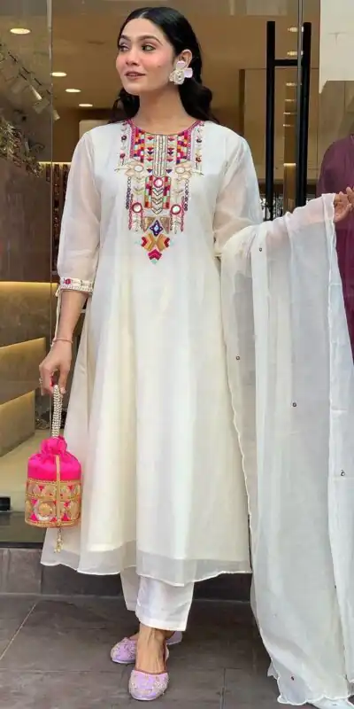 White Chanderi Silk With Mirror Work Embroidery Salwar Suit | Jump Suits, Salwar suit, Casual Suits, Creative suits, Designer Suits, Palazzo Suits, Party Wear Suits, Patiala Suits, Straight Suits