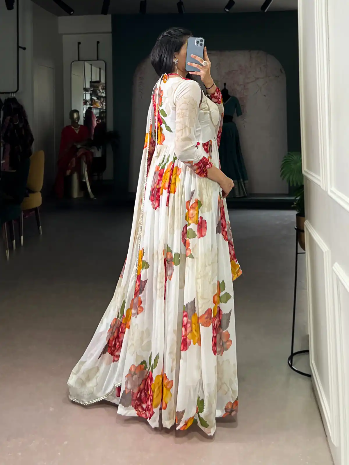 White Chiffon Floral Print Lace Work Gown | Gowns, Bollywood Gowns, Creative Gowns, Designer Gowns, Embroidered Gowns, Party Wear Gowns