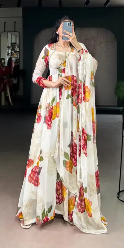 White Chiffon Floral Print Lace Work Gown | Gowns, Bollywood Gowns, Creative Gowns, Designer Gowns, Embroidered Gowns, Party Wear Gowns