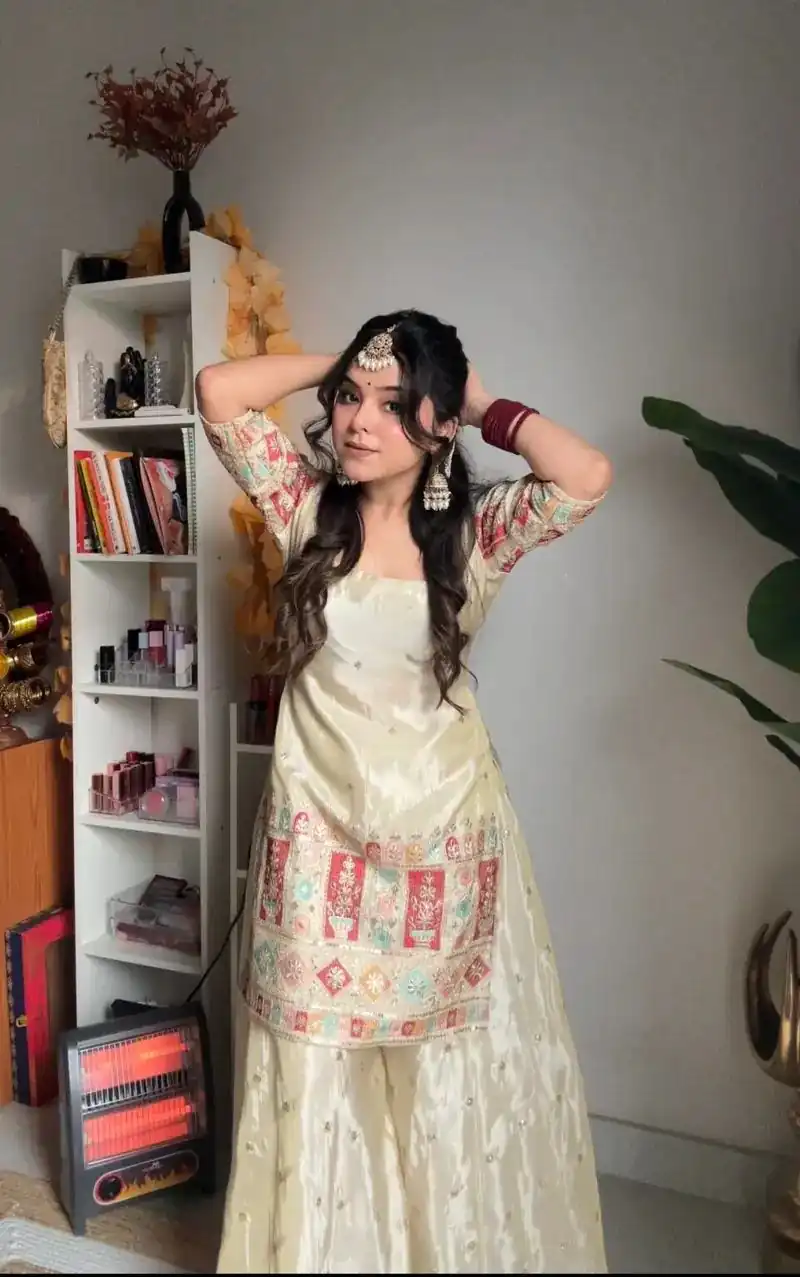 White Chinnon Silk Embroidery Work Salwar Suit | Jump Suits, Salwar suit, Casual Suits, Creative suits, Designer Suits, Palazzo Suits, Party Wear Suits, Patiala Suits, Straight Suits