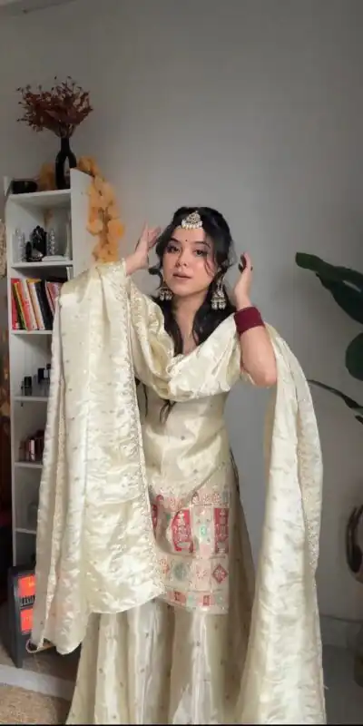 White Chinnon Silk Embroidery Work Salwar Suit | Jump Suits, Salwar suit, Casual Suits, Creative suits, Designer Suits, Palazzo Suits, Party Wear Suits, Patiala Suits, Straight Suits