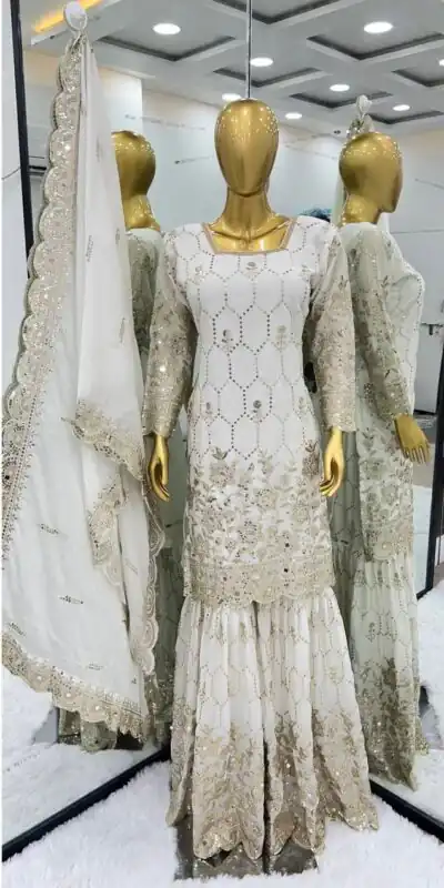 White Chinnon Silk Embroidery Work Sharara Suit | Salwar suit, Casual Suits, Creative suits, Designer Suits, Palazzo Suits, Party Wear Suits, Straight Suits
