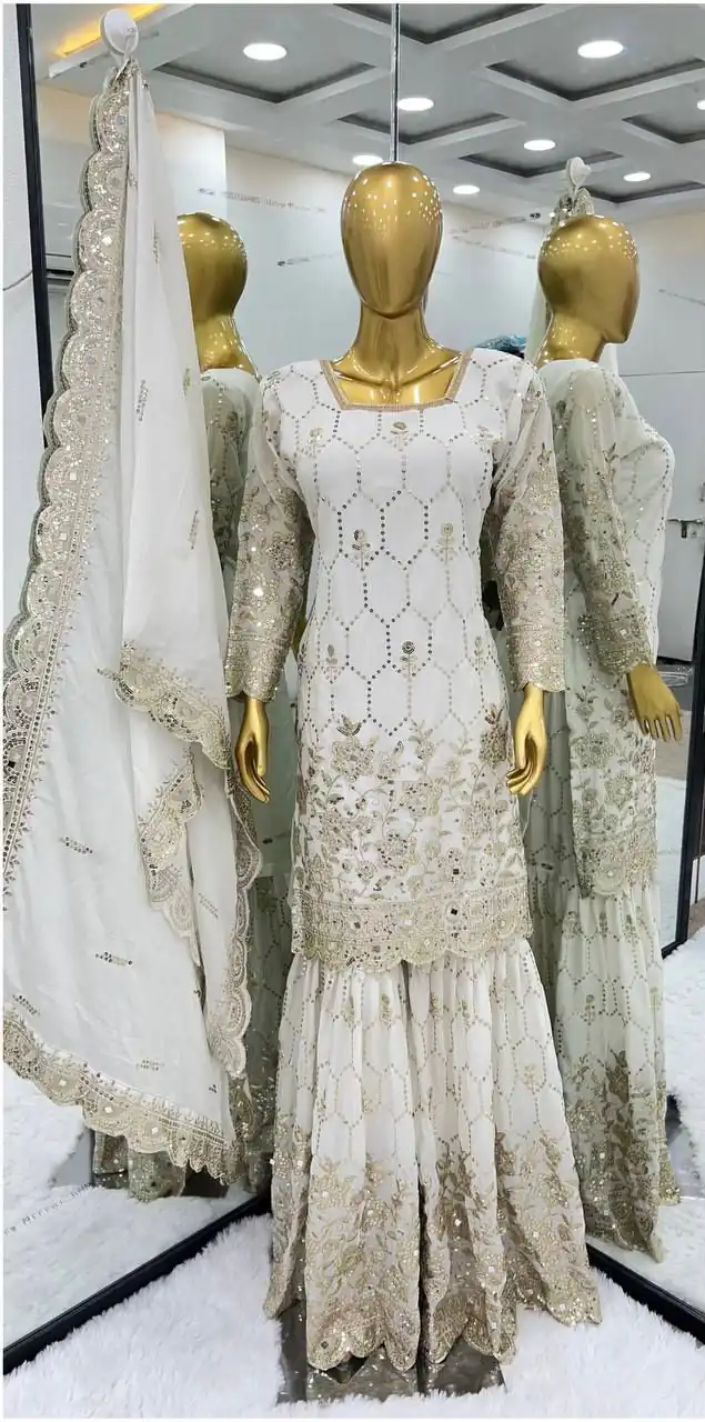 White Chinnon Silk Embroidery Work Sharara Suit | Salwar suit, Casual Suits, Creative suits, Designer Suits, Palazzo Suits, Party Wear Suits, Straight Suits