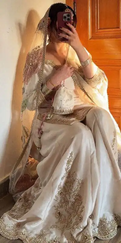 White Chinnon Silk With Embroidery Work Sharara Suit | Jump Suits, Salwar suit, Casual Suits, Creative suits, Designer Suits, Palazzo Suits, Party Wear Suits, Patiala Suits, Straight Suits