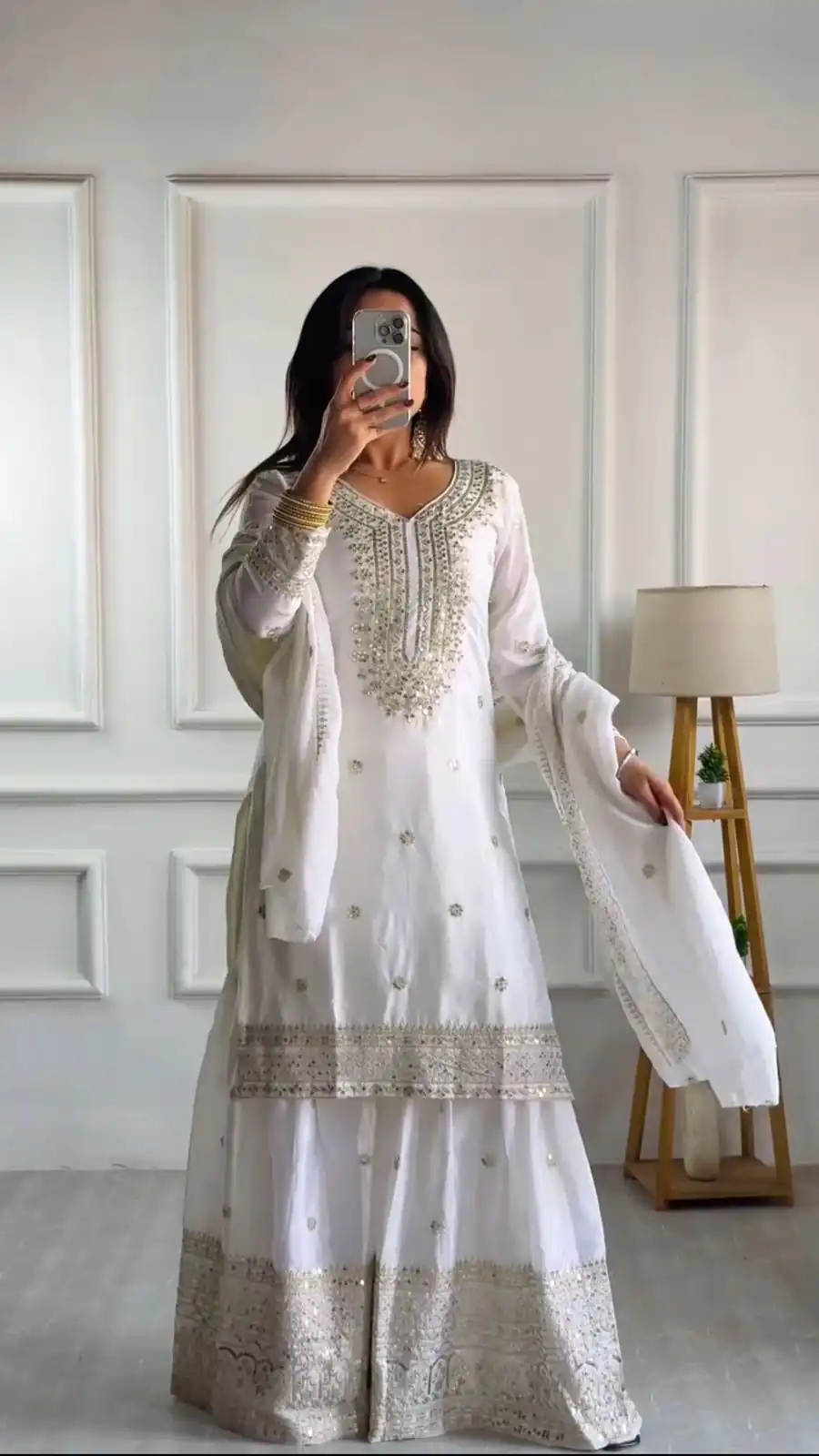 White Chinnon Silk With Embroidery Work Sharara Suit | Jump Suits, Salwar suit, Casual Suits, Creative suits, Designer Suits, Palazzo Suits, Party Wear Suits, Patiala Suits, Straight Suits