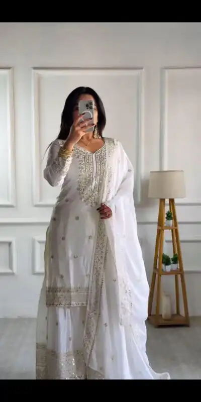 White Chinnon Silk With Embroidery Work Sharara Suit | Jump Suits, Salwar suit, Casual Suits, Creative suits, Designer Suits, Palazzo Suits, Party Wear Suits, Patiala Suits, Straight Suits