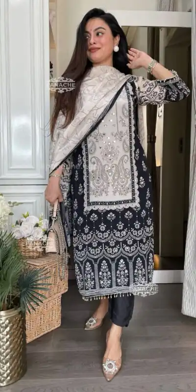 White Chinon Printed Mirror Work Salwar Suit | Jump Suits, Salwar suit, Casual Suits, Creative suits, Designer Suits, Palazzo Suits, Party Wear Suits, Patiala Suits, Straight Suits