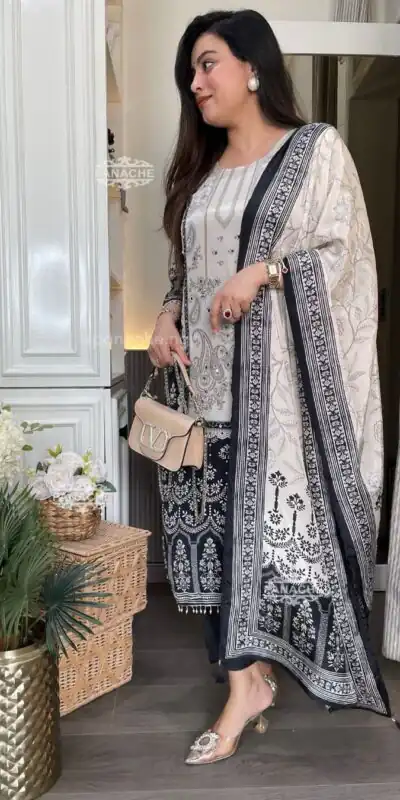 White Chinon Printed Mirror Work Salwar Suit | Jump Suits, Salwar suit, Casual Suits, Creative suits, Designer Suits, Palazzo Suits, Party Wear Suits, Patiala Suits, Straight Suits