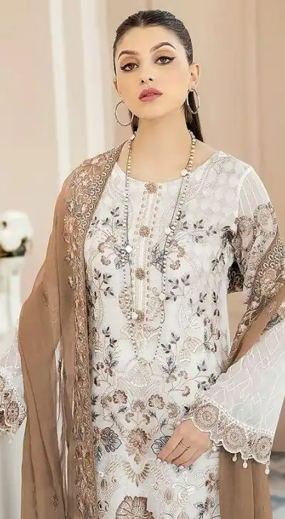 White & Coffee Georgette Embroidery Salwar Suit | Salwar suit, Casual Suits, Creative suits, Designer Suits, Palazzo Suits, Party Wear Suits, Patiala Suits, Straight Suits