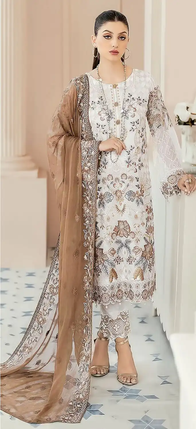 White & Coffee Georgette Embroidery Salwar Suit | Salwar suit, Casual Suits, Creative suits, Designer Suits, Palazzo Suits, Party Wear Suits, Patiala Suits, Straight Suits