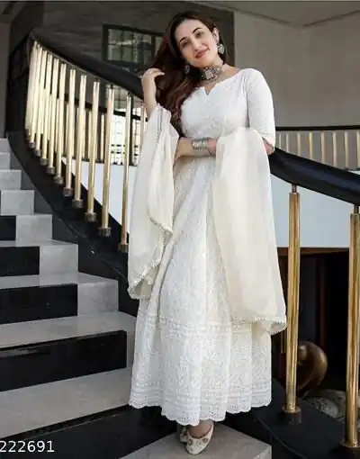 White Cotton Chikan Sevens Lace Work Gown | Gowns, Bollywood Gowns, Creative Gowns, Designer Gowns, Embroidered Gowns, Party Wear Gowns