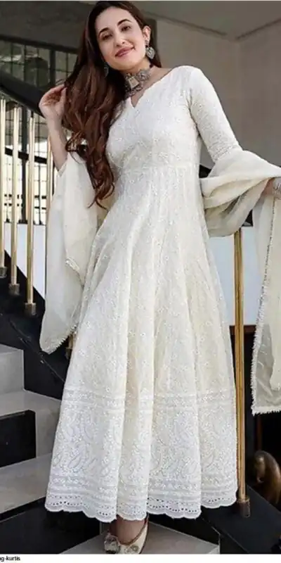 White Cotton Chikan Sevens Lace Work Gown | Gowns, Bollywood Gowns, Creative Gowns, Designer Gowns, Embroidered Gowns, Party Wear Gowns