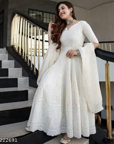 White Cotton Chikan Sevens Lace Work Gown | Gowns, Bollywood Gowns, Creative Gowns, Designer Gowns, Embroidered Gowns, Party Wear Gowns