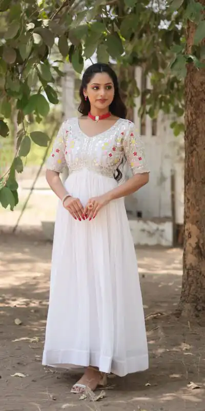 White Faux Blooming Embroidery Zari Work Gown | Gowns, Bollywood Gowns, Creative Gowns, Designer Gowns, Embroidered Gowns, Party Wear Gowns