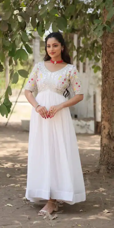 White Faux Blooming Embroidery Zari Work Gown | Gowns, Bollywood Gowns, Creative Gowns, Designer Gowns, Embroidered Gowns, Party Wear Gowns