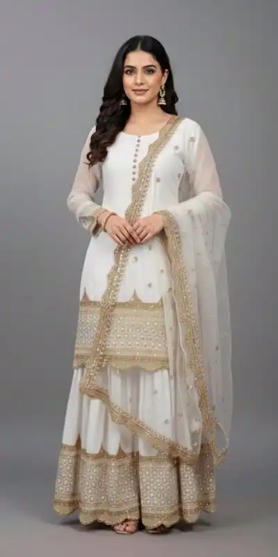 White Faux Georgette Embroider Salwar Suit | Jump Suits, Salwar suit, Casual Suits, Creative suits, Designer Suits, Palazzo Suits, Party Wear Suits, Patiala Suits, Straight Suits