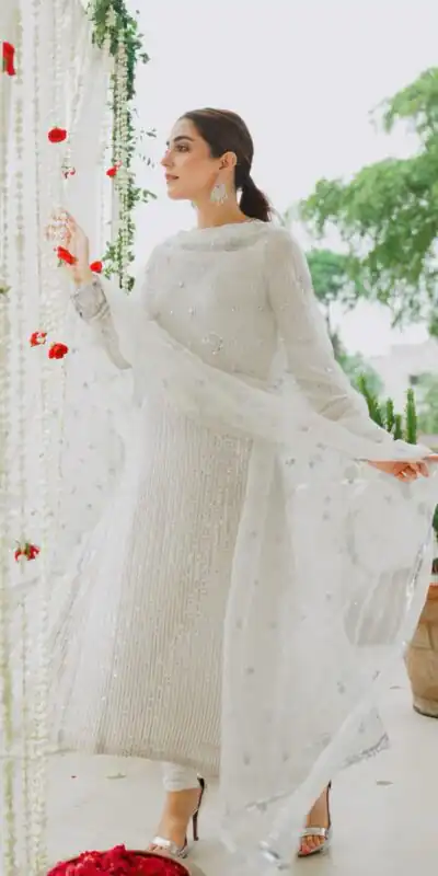 White Faux Georgette Embroidery Sequence Work Salwar Suit | Jump Suits, Salwar suit, Casual Suits, Creative suits, Designer Suits, Palazzo Suits, Party Wear Suits, Patiala Suits, Straight Suits