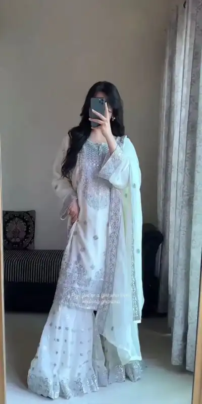 White Faux Georgette Sequence Work Salwar Suit | Jump Suits, Salwar suit, Casual Suits, Creative suits, Designer Suits, Palazzo Suits, Party Wear Suits, Patiala Suits, Straight Suits