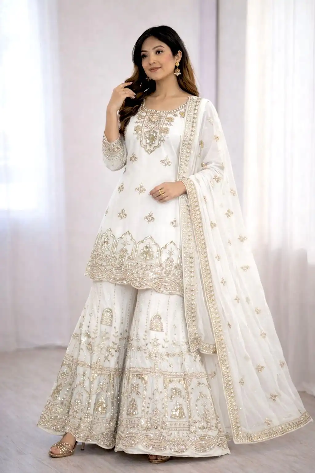White Faux Georgette With 5 mm Sequence Work Salwar Suit | Jump Suits, Salwar suit, Casual Suits, Creative suits, Designer Suits, Palazzo Suits, Party Wear Suits, Patiala Suits, Straight Suits
