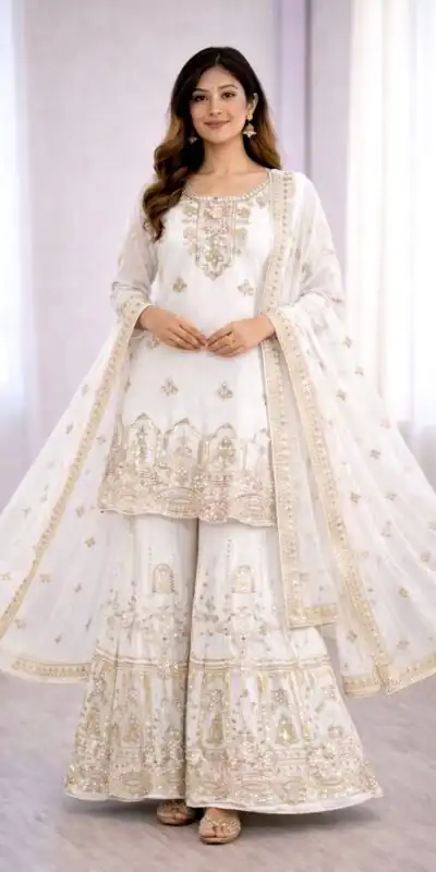 White Faux Georgette With 5 mm Sequence Work Salwar Suit | Jump Suits, Salwar suit, Casual Suits, Creative suits, Designer Suits, Palazzo Suits, Party Wear Suits, Patiala Suits, Straight Suits