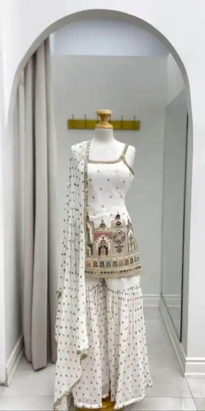 White Faux Georgette With Thread Lace Work Salwar Suit | Jump Suits, Salwar suit, Casual Suits, Creative suits, Designer Suits, Palazzo Suits, Party Wear Suits, Patiala Suits, Straight Suits