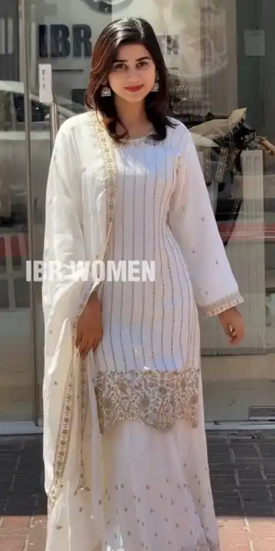 White Fox Georgette Thread Work Salwar Suit | Jump Suits, Tops & Bottoms, Track Suits, Salwar suit, Casual Suits, Creative suits, Designer Suits, Palazzo Suits, Party Wear Suits, Patiala Suits, Straight Suits, Trendy Wear