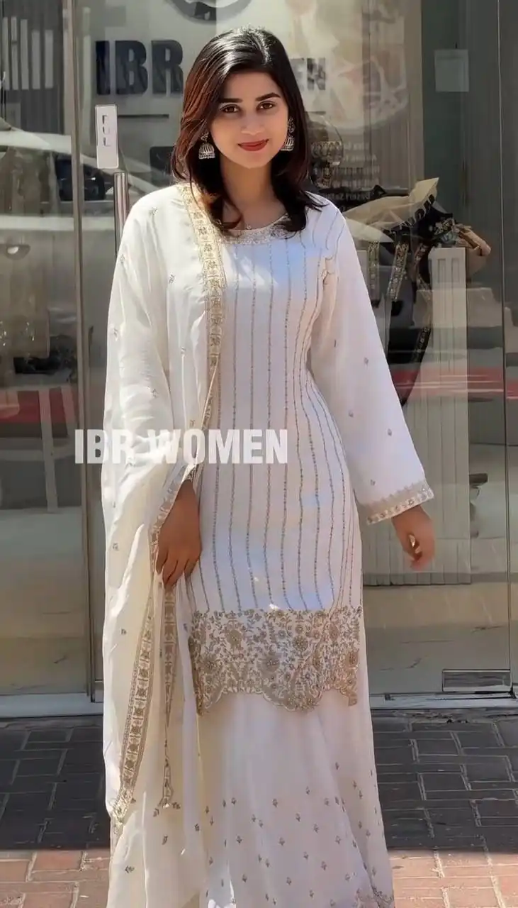 White Fox Georgette Thread Work Salwar Suit | Jump Suits, Tops & Bottoms, Track Suits, Salwar suit, Casual Suits, Creative suits, Designer Suits, Palazzo Suits, Party Wear Suits, Patiala Suits, Straight Suits, Trendy Wear