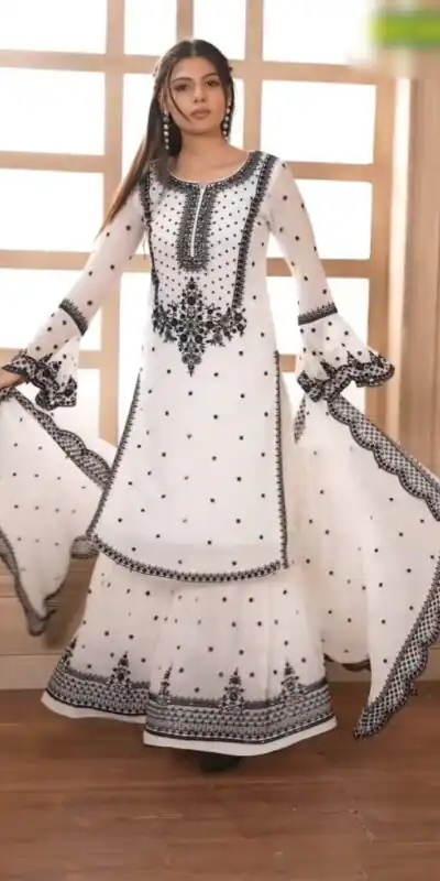 White Fox Georgette With Embroidery Salwar Suit | Jump Suits, Salwar suit, Casual Suits, Creative suits, Designer Suits, Palazzo Suits, Party Wear Suits, Patiala Suits, Straight Suits