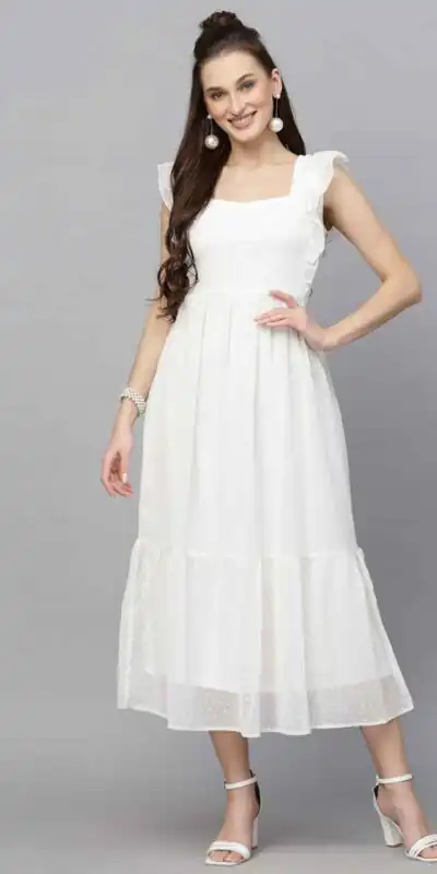 White Georgette Butti Gown | Gowns, Bollywood Gowns, Creative Gowns, Designer Gowns, Embroidered Gowns, Party Wear Gowns