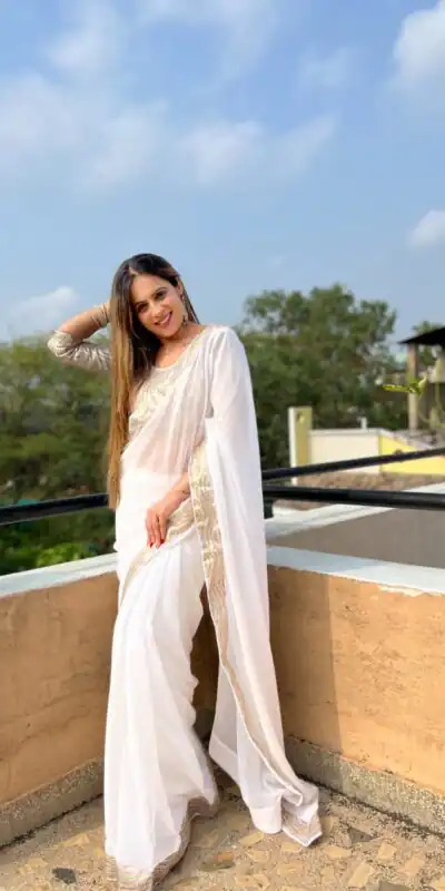 White Georgette Heavy Sequin Saree | Sarees, Bollywood Sarees, Creative Sarees, Designer Sarees, Embroidered Sarees, Ethnic Saree, Modern Digital sarees, Party Wear Sarees