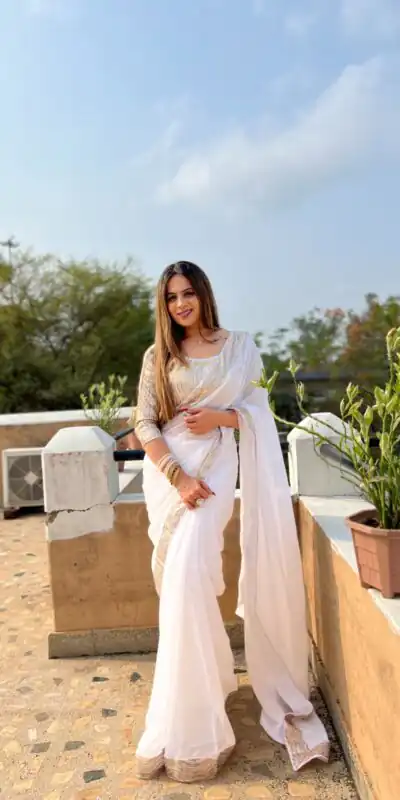 White Georgette Heavy Sequin Saree | Sarees, Bollywood Sarees, Creative Sarees, Designer Sarees, Embroidered Sarees, Ethnic Saree, Modern Digital sarees, Party Wear Sarees