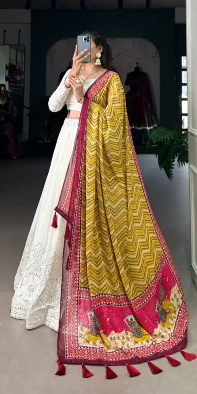 White Georgette Lucknowi Paper Mirror Lehenga Choli | Lehenga, Bollywood Lehenga, Creative Lehenga, Designer Lehenga, Embroidered Lehenga, Party Wear Lehenga