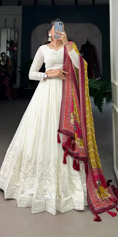 White Georgette Lucknowi Paper Mirror Lehenga Choli | Lehenga, Bollywood Lehenga, Creative Lehenga, Designer Lehenga, Embroidered Lehenga, Party Wear Lehenga