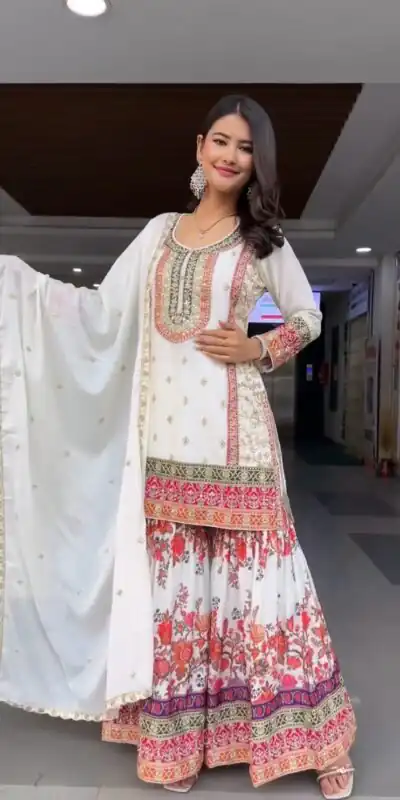 White Georgette Sequences Work Salwar Suit | Jump Suits, Salwar suit, Casual Suits, Creative suits, Designer Suits, Palazzo Suits, Party Wear Suits, Patiala Suits, Straight Suits