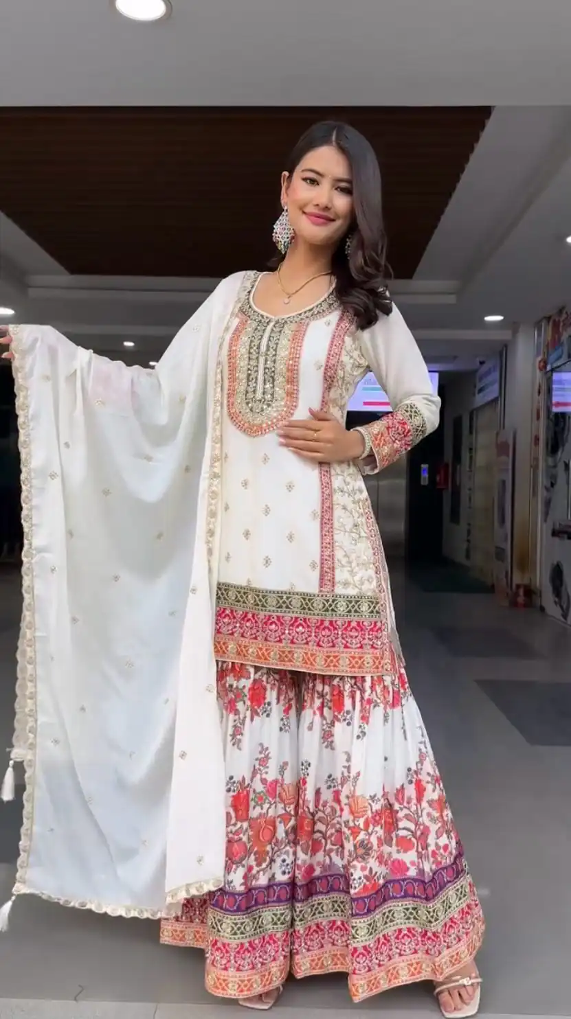 White Georgette Sequences Work Salwar Suit | Jump Suits, Salwar suit, Casual Suits, Creative suits, Designer Suits, Palazzo Suits, Party Wear Suits, Patiala Suits, Straight Suits