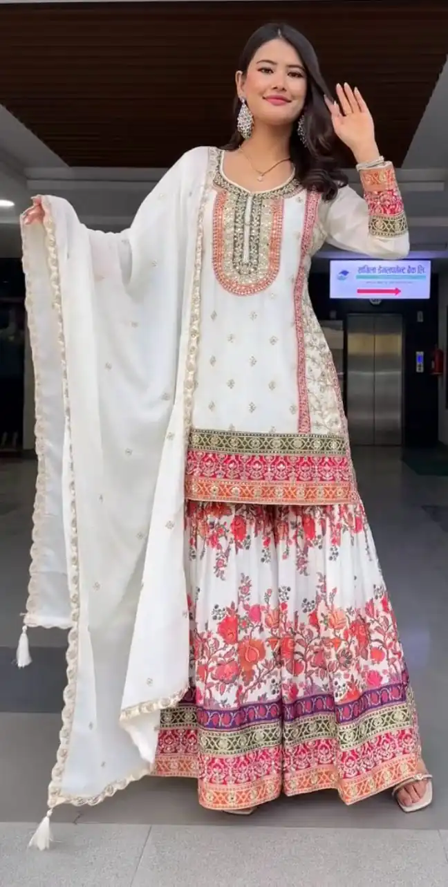 White Georgette Sequences Work Salwar Suit | Jump Suits, Salwar suit, Casual Suits, Creative suits, Designer Suits, Palazzo Suits, Party Wear Suits, Patiala Suits, Straight Suits