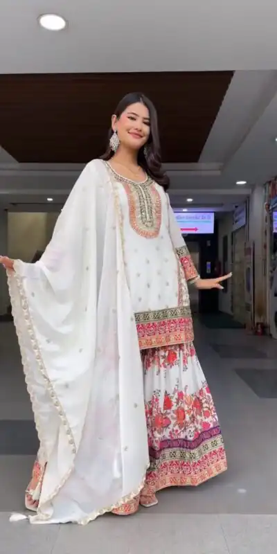 White Georgette Sequences Work Salwar Suit | Jump Suits, Salwar suit, Casual Suits, Creative suits, Designer Suits, Palazzo Suits, Party Wear Suits, Patiala Suits, Straight Suits