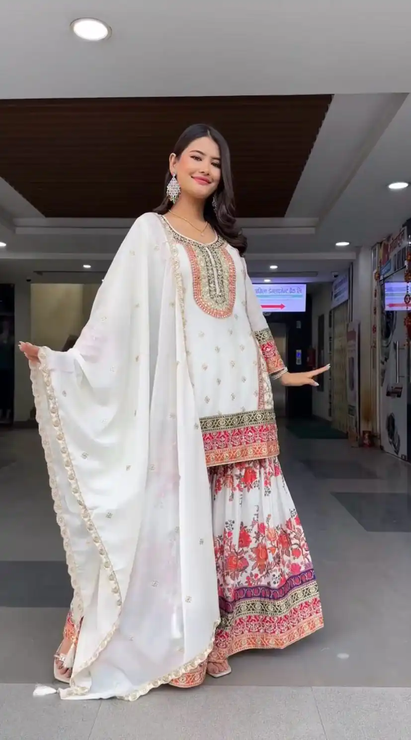 White Georgette Sequences Work Salwar Suit | Jump Suits, Salwar suit, Casual Suits, Creative suits, Designer Suits, Palazzo Suits, Party Wear Suits, Patiala Suits, Straight Suits