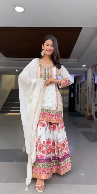 White Georgette Sequences Work Salwar Suit | Jump Suits, Salwar suit, Casual Suits, Creative suits, Designer Suits, Palazzo Suits, Party Wear Suits, Patiala Suits, Straight Suits