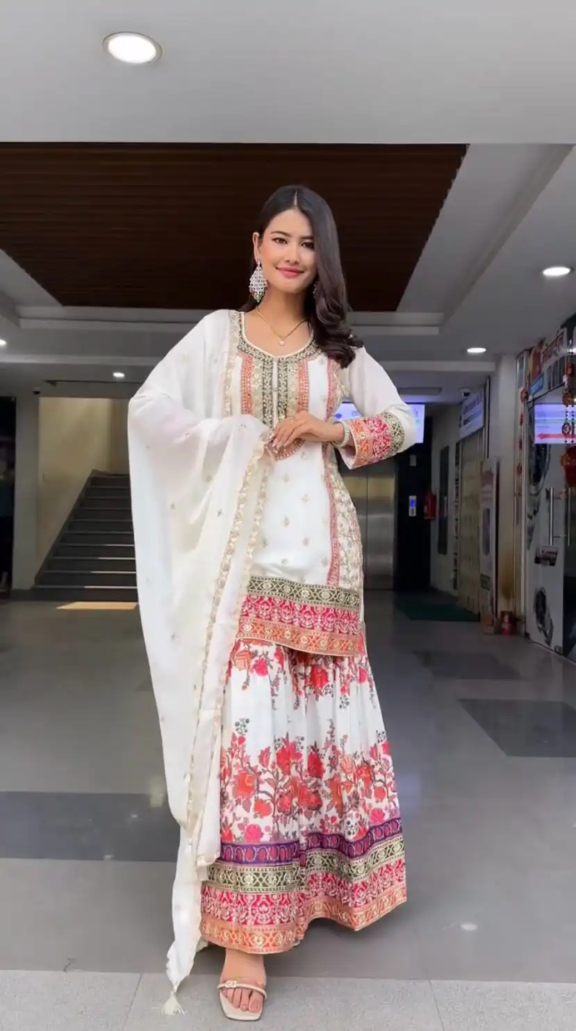 White Georgette Sequences Work Salwar Suit | Jump Suits, Salwar suit, Casual Suits, Creative suits, Designer Suits, Palazzo Suits, Party Wear Suits, Patiala Suits, Straight Suits